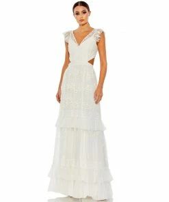 Mac Duggal Shop For Sequined Ruffled Cap Sleeve Cut Out Tiered Gown