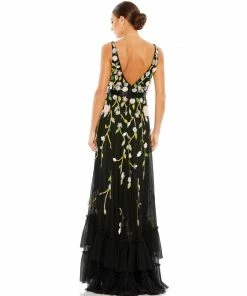Mac Duggal Floral Embellished Sleeveless V Neck A Line Gown