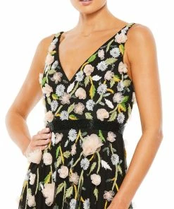Mac Duggal Floral Embellished Sleeveless V Neck A Line Gown