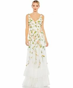 Mac Duggal Floral Embellished Sleeveless V Neck A Line Gown