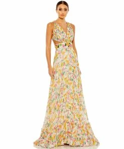 Mac Duggal Floral Print Cut-Out Lace Up Tiered Gown Shop For