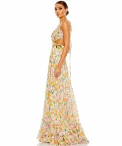 Mac Duggal Floral Print Cut-Out Lace Up Tiered Gown Shop For