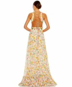 Mac Duggal Floral Print Cut-Out Lace Up Tiered Gown Shop For