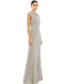 Mac Duggal Mother Of The Bride + Groom Dresses Floral Embellished Cowl Bateau Cap Sleeve Gown