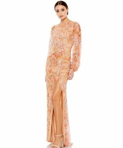 Mac Duggal Shop For Apricot Sequined Floral Print Gown