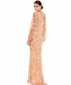 Mac Duggal Shop For Apricot Sequined Floral Print Gown