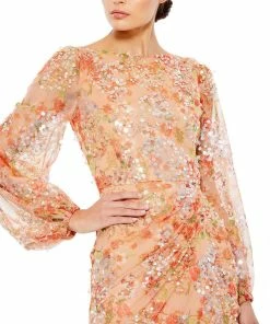 Mac Duggal Shop For Apricot Sequined Floral Print Gown