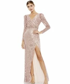 Mac Duggal Sequin Puff Sleeve Surplice Gown