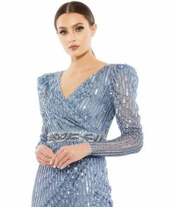 Mac Duggal Sequin Puff Sleeve Surplice Gown