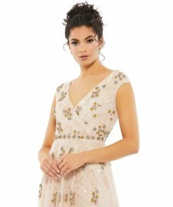 Mac Duggal Embellished Wrap Over Cap Sleeve A-Line Gown Shop For