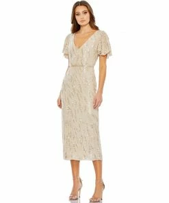 Mac Duggal Sequined V Neck Flutter Sleeve Tea Length Dress