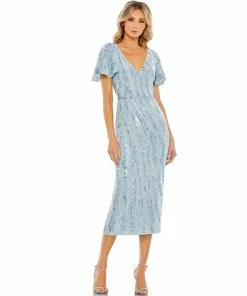 Mac Duggal Sequined V Neck Flutter Sleeve Tea Length Dress