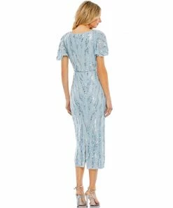 Mac Duggal Sequined V Neck Flutter Sleeve Tea Length Dress