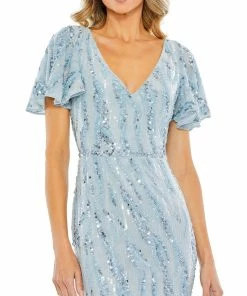 Mac Duggal Sequined V Neck Flutter Sleeve Tea Length Dress