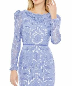 Mac Duggal Embellished High Neck Puff Sleeve Midi Dress