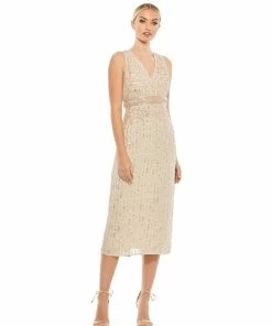 Mac Duggal Shop For Sequined Sleeveless V-Neck Midi Sheath Dress