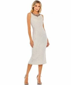 Mac Duggal Sequined Jeweled Neckline Midi Sheath Dress