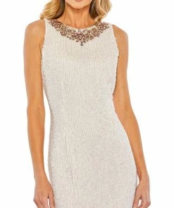 Mac Duggal Sequined Jeweled Neckline Midi Sheath Dress