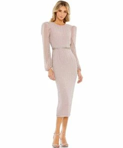 Mac Duggal Embellished Long Sleeve Puff Shoulder Midi Dress Shop For