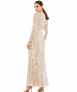 Mac Duggal Sequined Illusion High Neck Long Sleeve Trumpet Gown Shop For