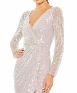 Mac Duggal Sequined Faux Wrap Long Sleeve Gown