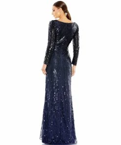 Mac Duggal Sequined Faux Wrap Long Sleeve Gown