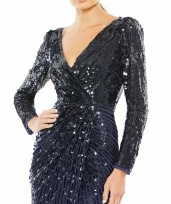 Mac Duggal Sequined Faux Wrap Long Sleeve Gown