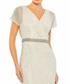 Mac Duggal Beaded Butterfly Sleeve Column Gown