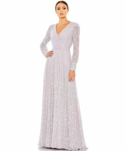 Mac Duggal Sequined Lace Long Sleeve Wrap Over Gown