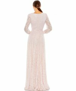 Mac Duggal Sequined Lace Long Sleeve Wrap Over Gown