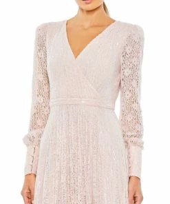 Mac Duggal Sequined Lace Long Sleeve Wrap Over Gown