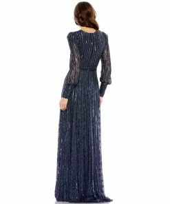 Mac Duggal Sequined Lace Long Sleeve Wrap Over Gown
