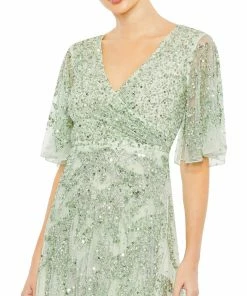 Mac Duggal Sequined Butterfly Sleeve High Low Gown