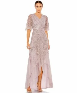Mac Duggal Sequined Butterfly Sleeve High Low Gown