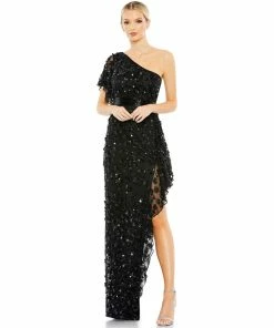 Mac Duggal Asymmetric Beaded One Shoulder Gown