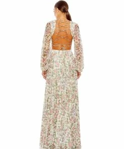 Mac Duggal Sequined Floral Print Cut Out Lace Up Gown