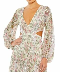 Mac Duggal Sequined Floral Print Cut Out Lace Up Gown