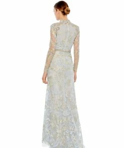 Mac Duggal Long Sleeve Applique V-Neck Gown