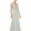 Mac Duggal Long Sleeve Applique V-Neck Gown