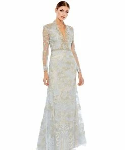 Mac Duggal Long Sleeve Applique V-Neck Gown